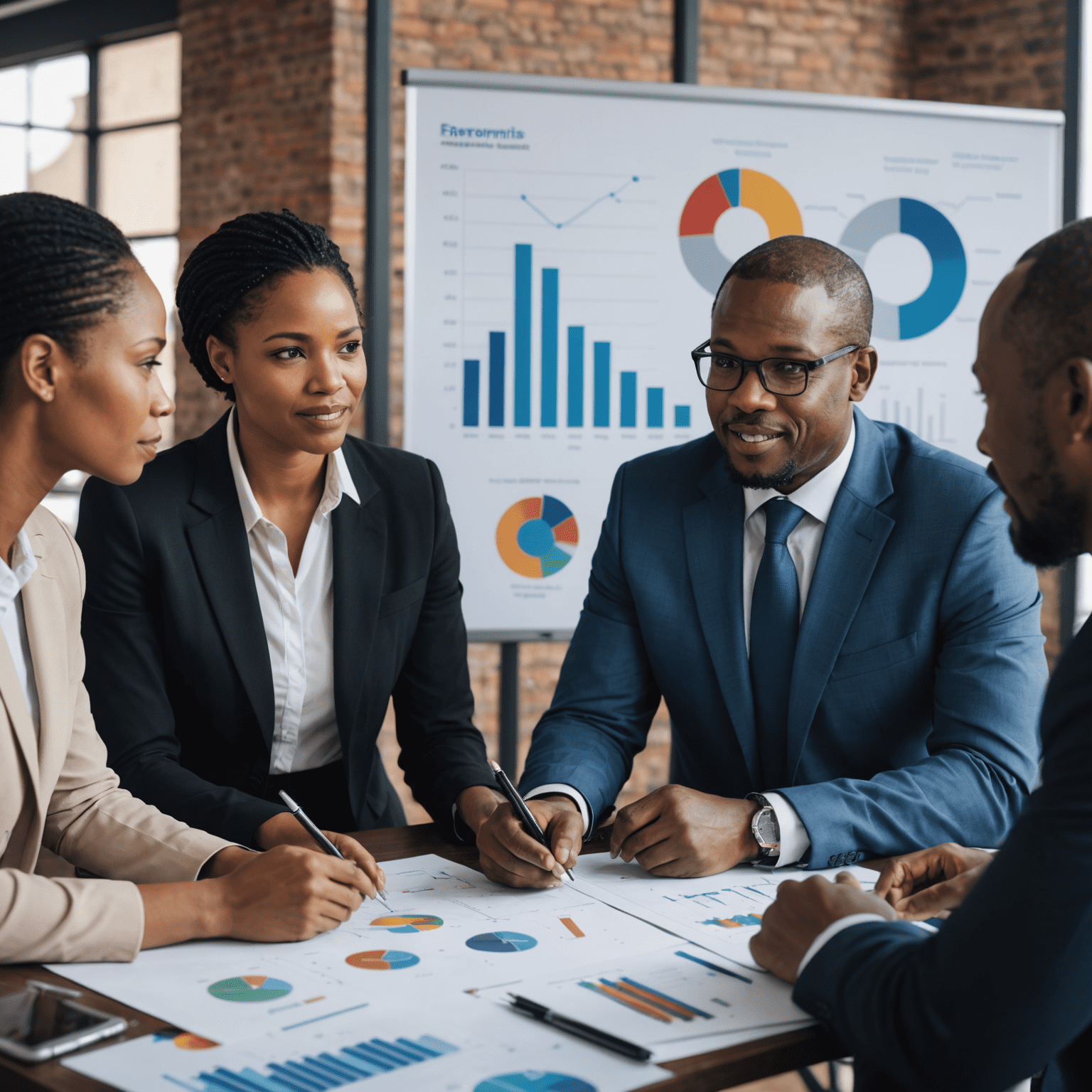 A diverse group of South African business people discussing economic transformation initiatives in a modern office setting, with charts and graphs visible in the background