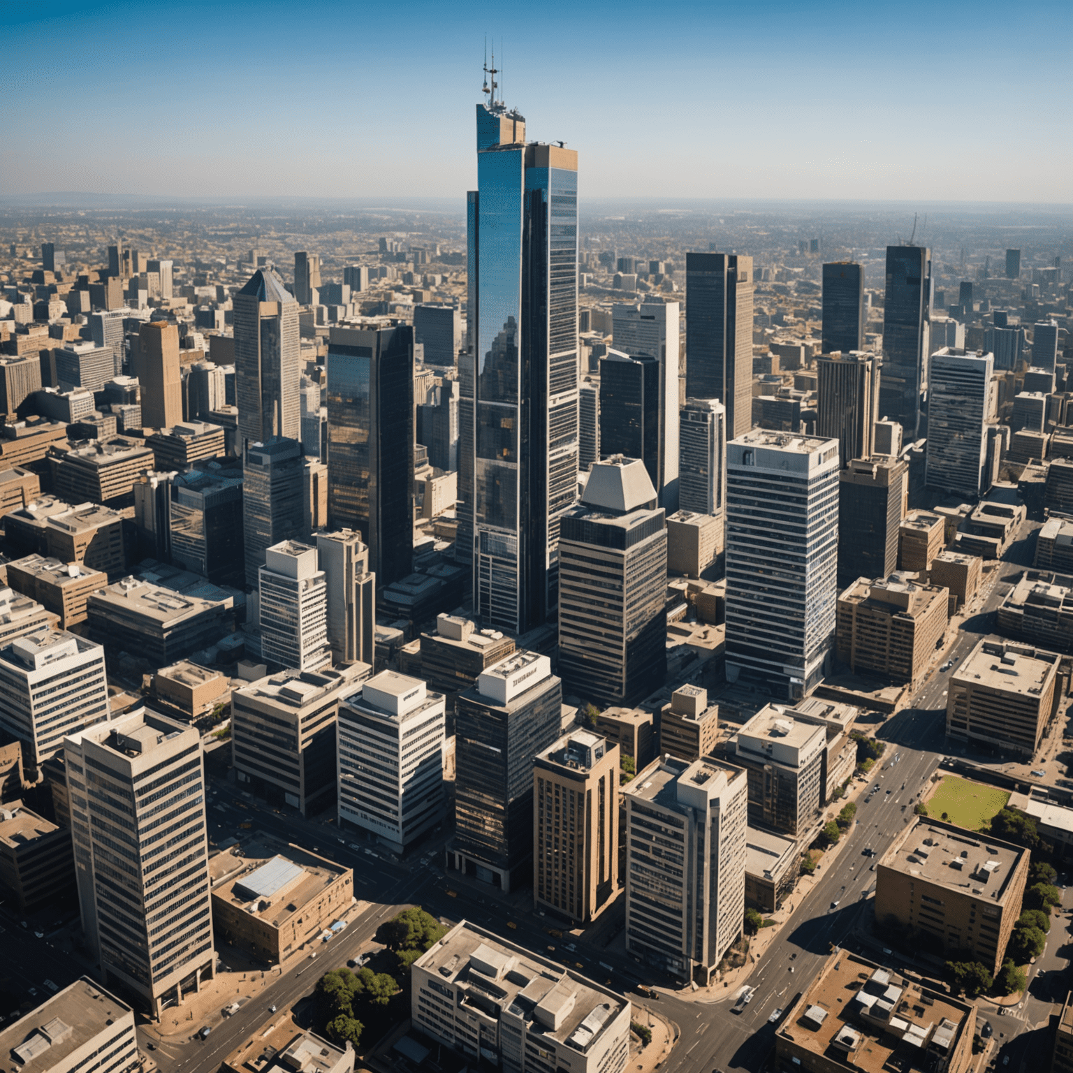 A panoramic view of Johannesburg's business district skyline, symbolizing the hub of South African consulting industry