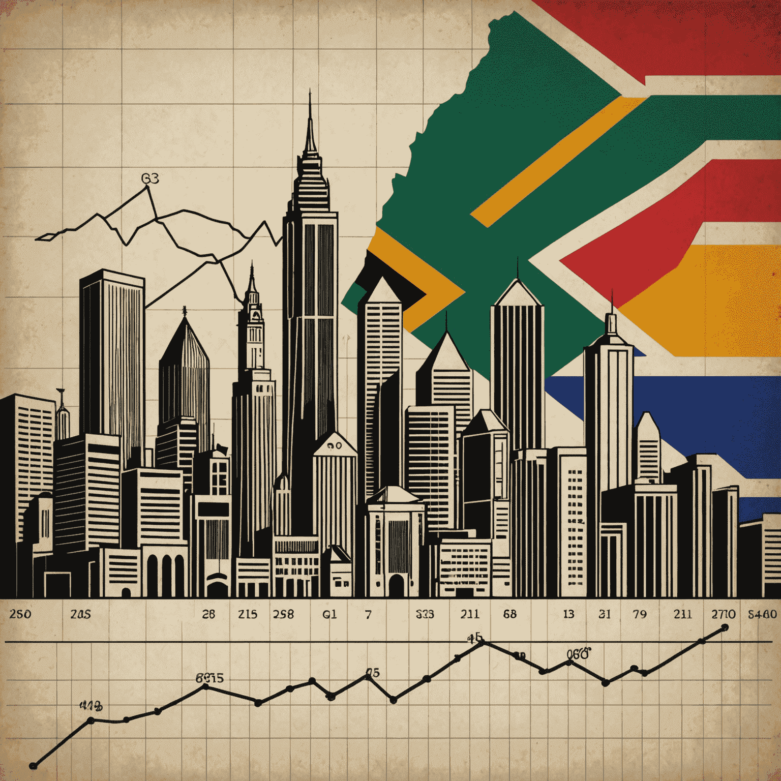 A graph showing South African economic trends, with lines representing GDP growth, unemployment rate, and inflation over time. The background features iconic South African landmarks.