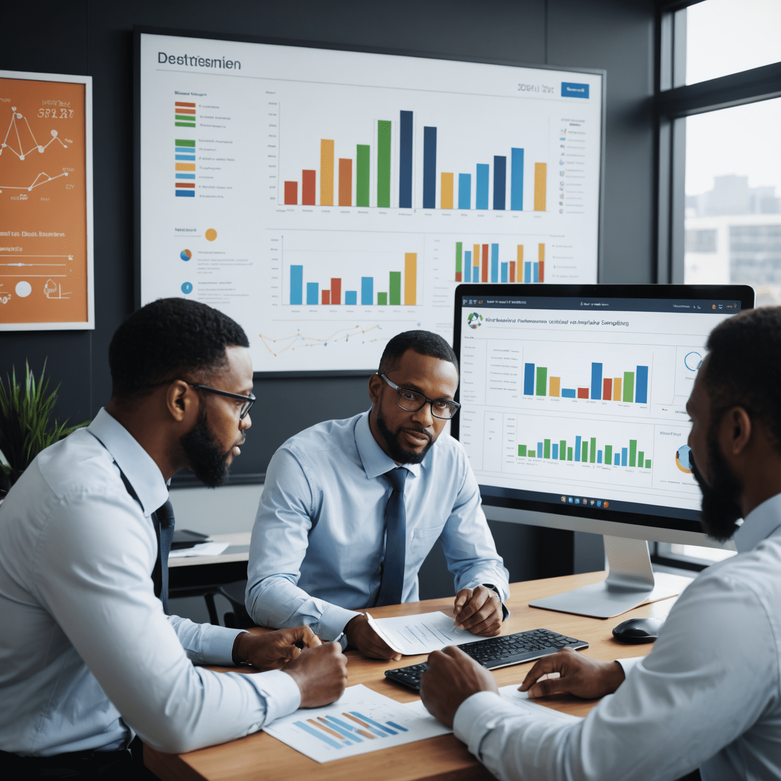 A diverse team of consultants discussing business transformation strategies in a modern South African office, with charts and graphs visible on screens in the background