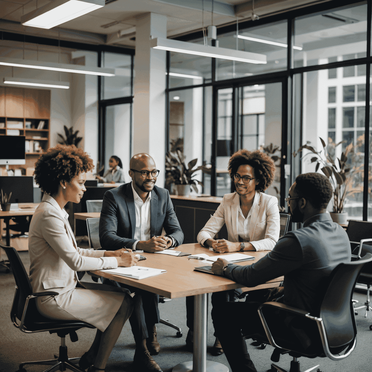 A diverse group of South African professionals collaborating in a modern office setting, discussing job creation strategies