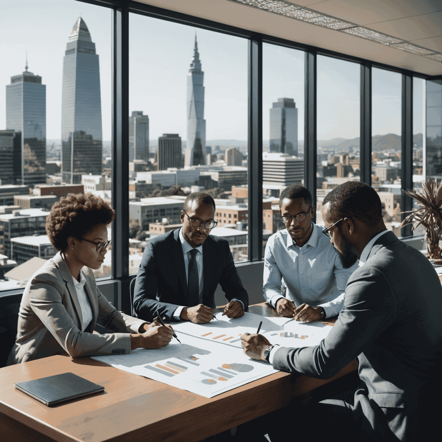 A diverse group of South African business professionals analyzing investment charts and graphs, with iconic South African landmarks visible through office windows