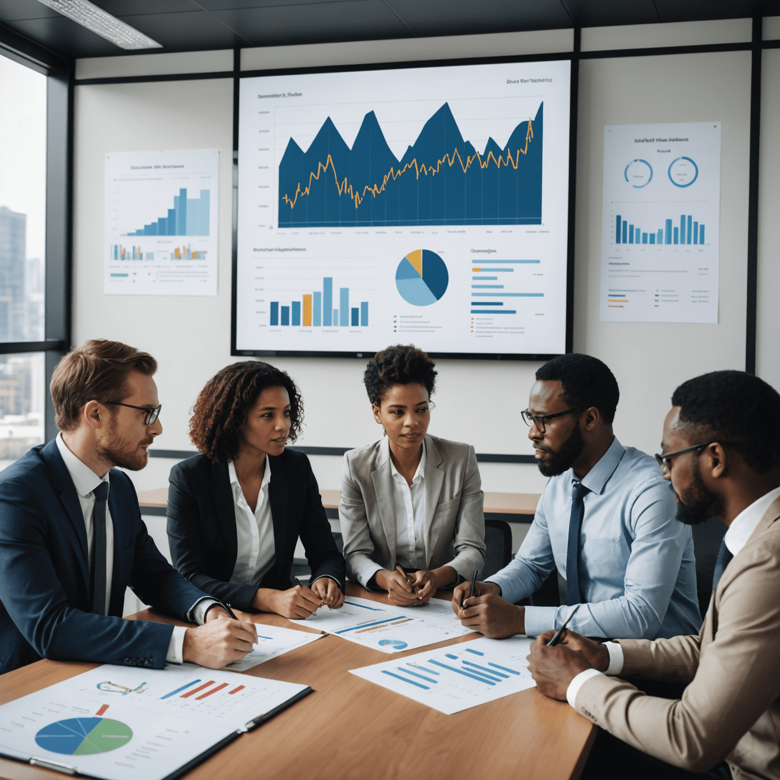 A diverse group of consultants analyzing South African economic policies, with charts and graphs displayed on a large screen in a modern office setting