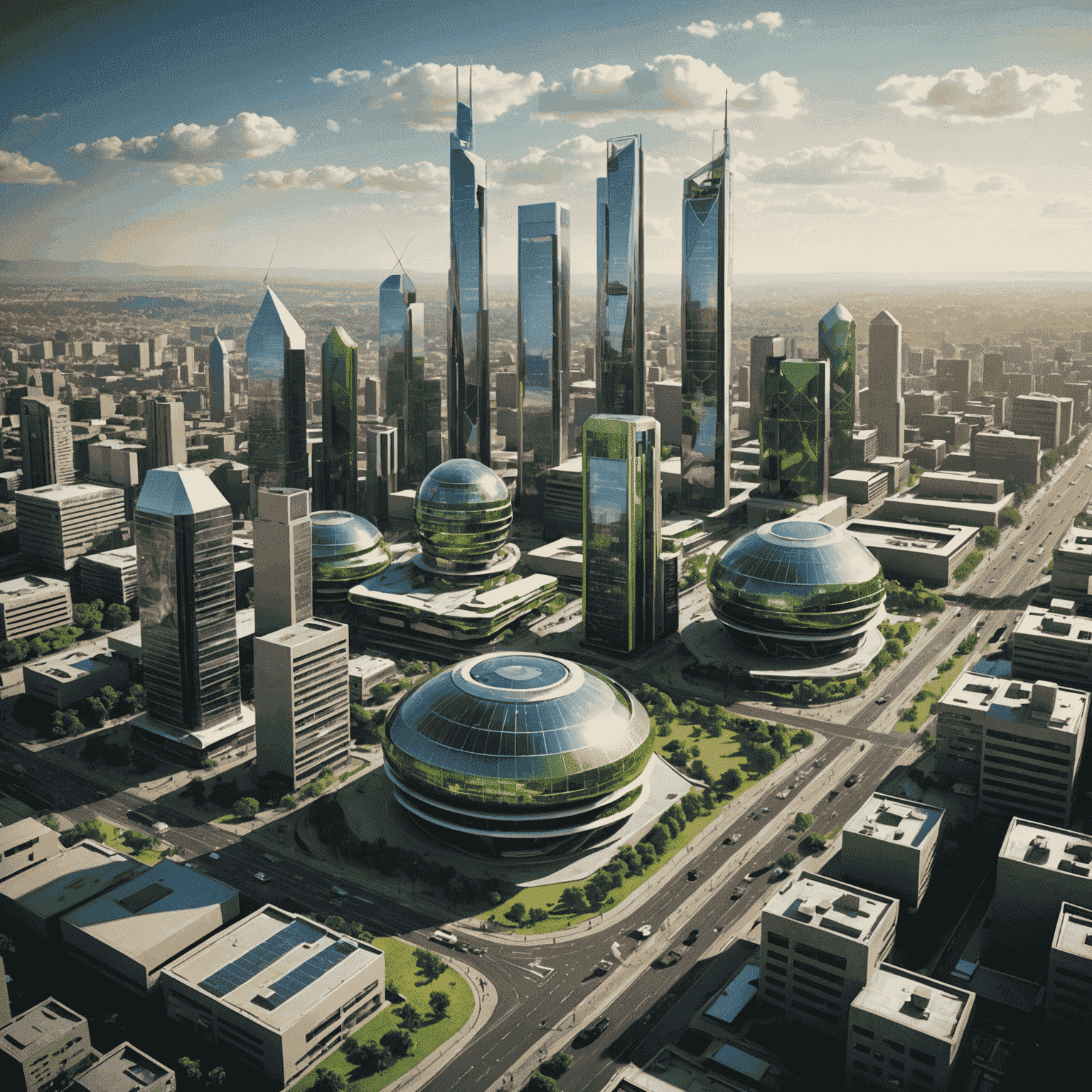 A futuristic cityscape of Johannesburg with green energy installations, tech hubs, and diverse business districts, symbolizing the transformed South African economy