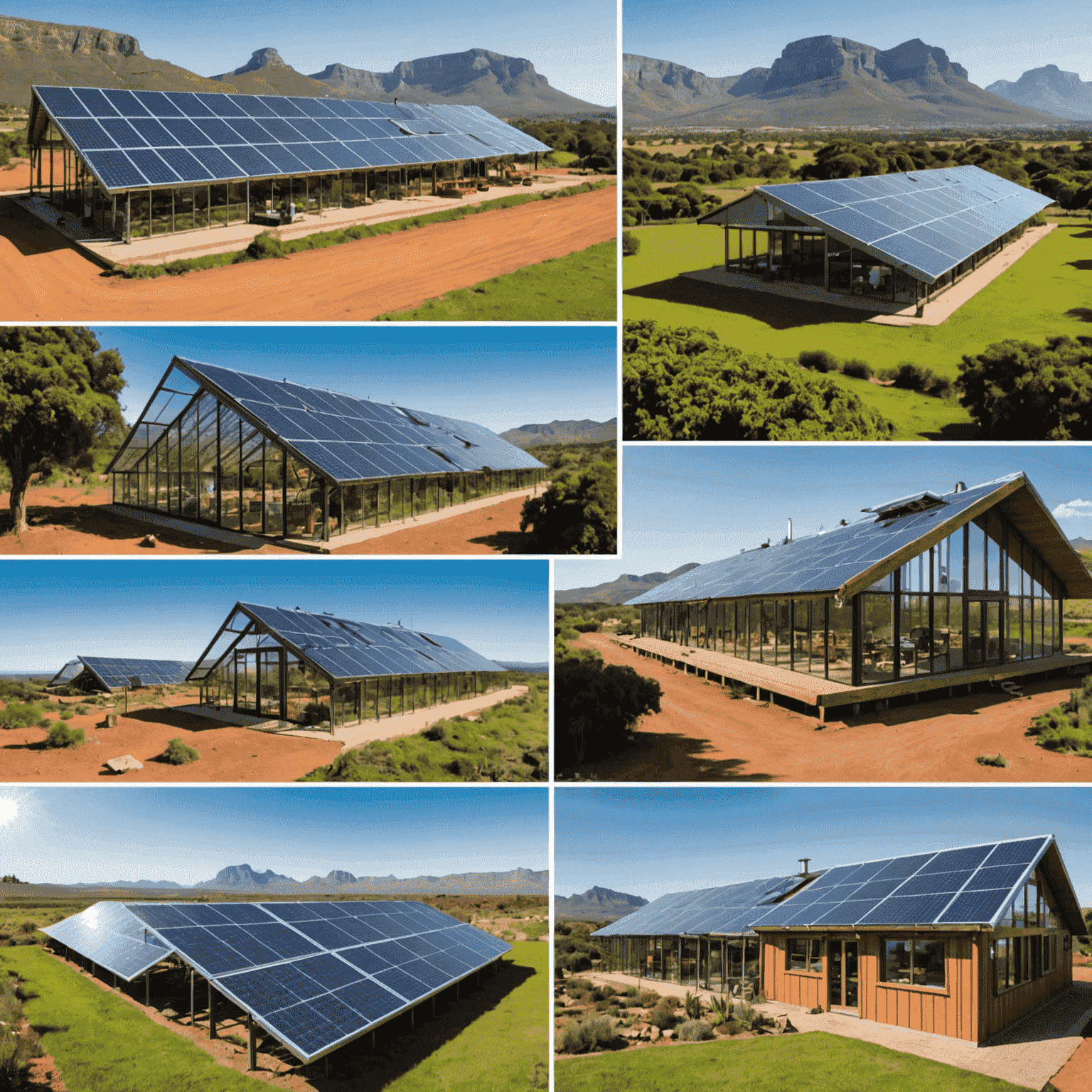 Collage of images representing emerging job sectors in South Africa: solar panel installation, tech startup office, modern greenhouse, and eco-tourism lodge