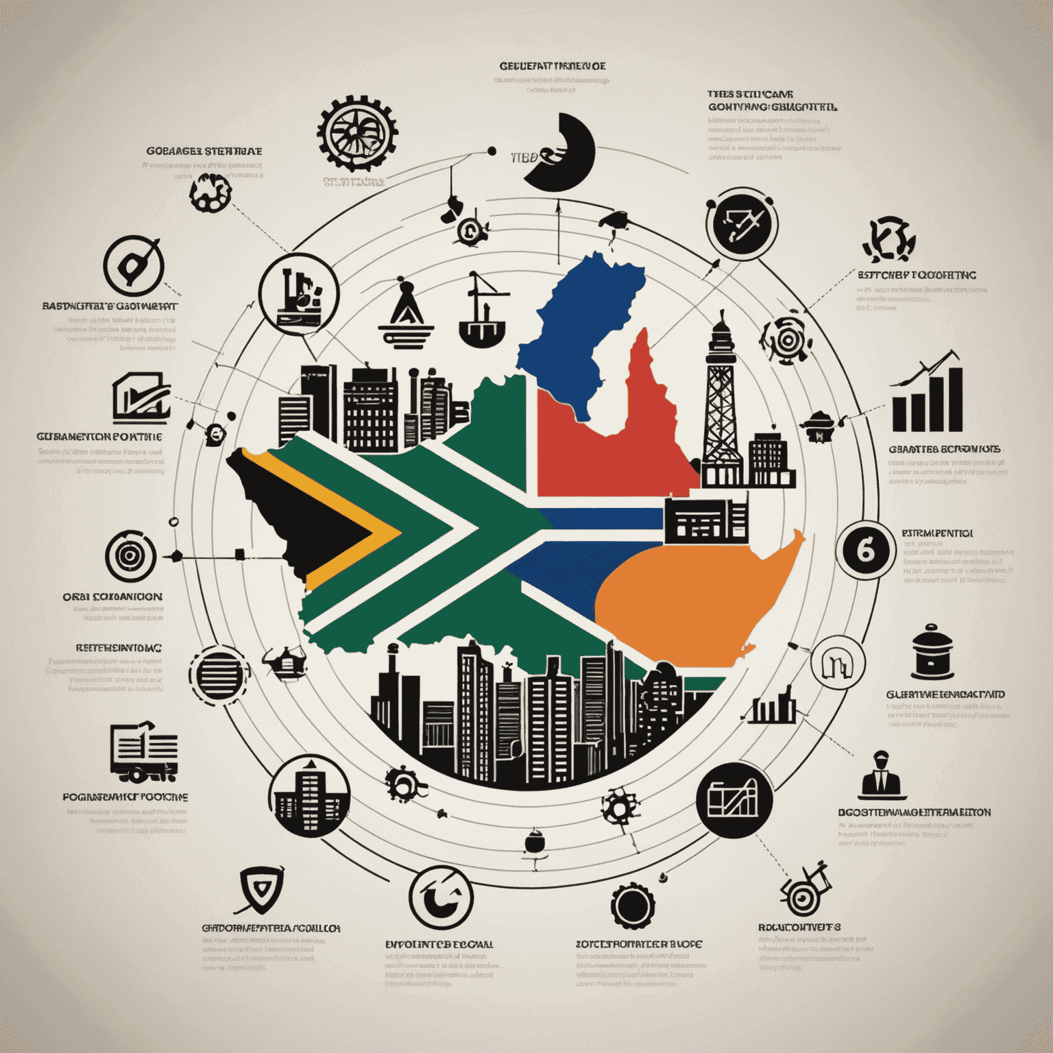 A graph showing positive business growth trends in South Africa, with icons representing various industries benefiting from transformation strategies