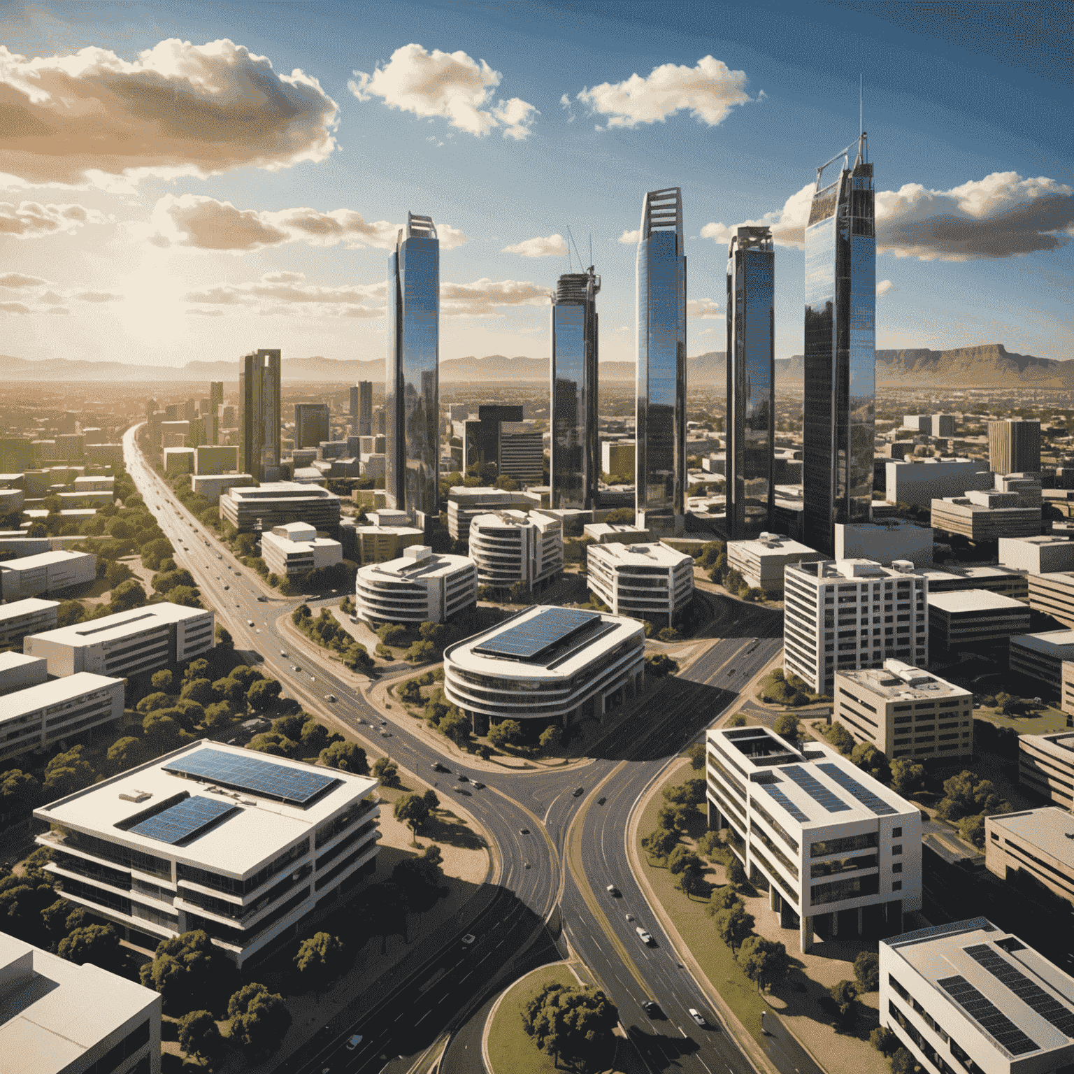 A modern South African cityscape with new infrastructure projects and renewable energy installations, symbolizing economic growth and investment opportunities