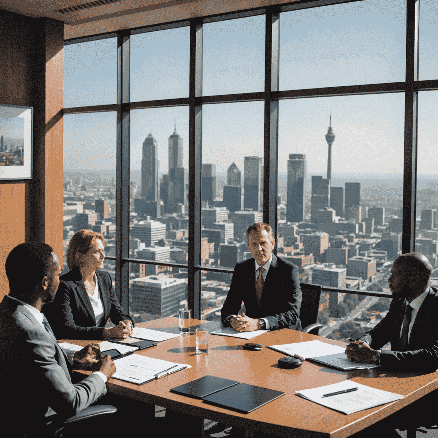 A consultant presenting economic policy recommendations to a diverse group of business leaders in a boardroom with a view of Johannesburg skyline